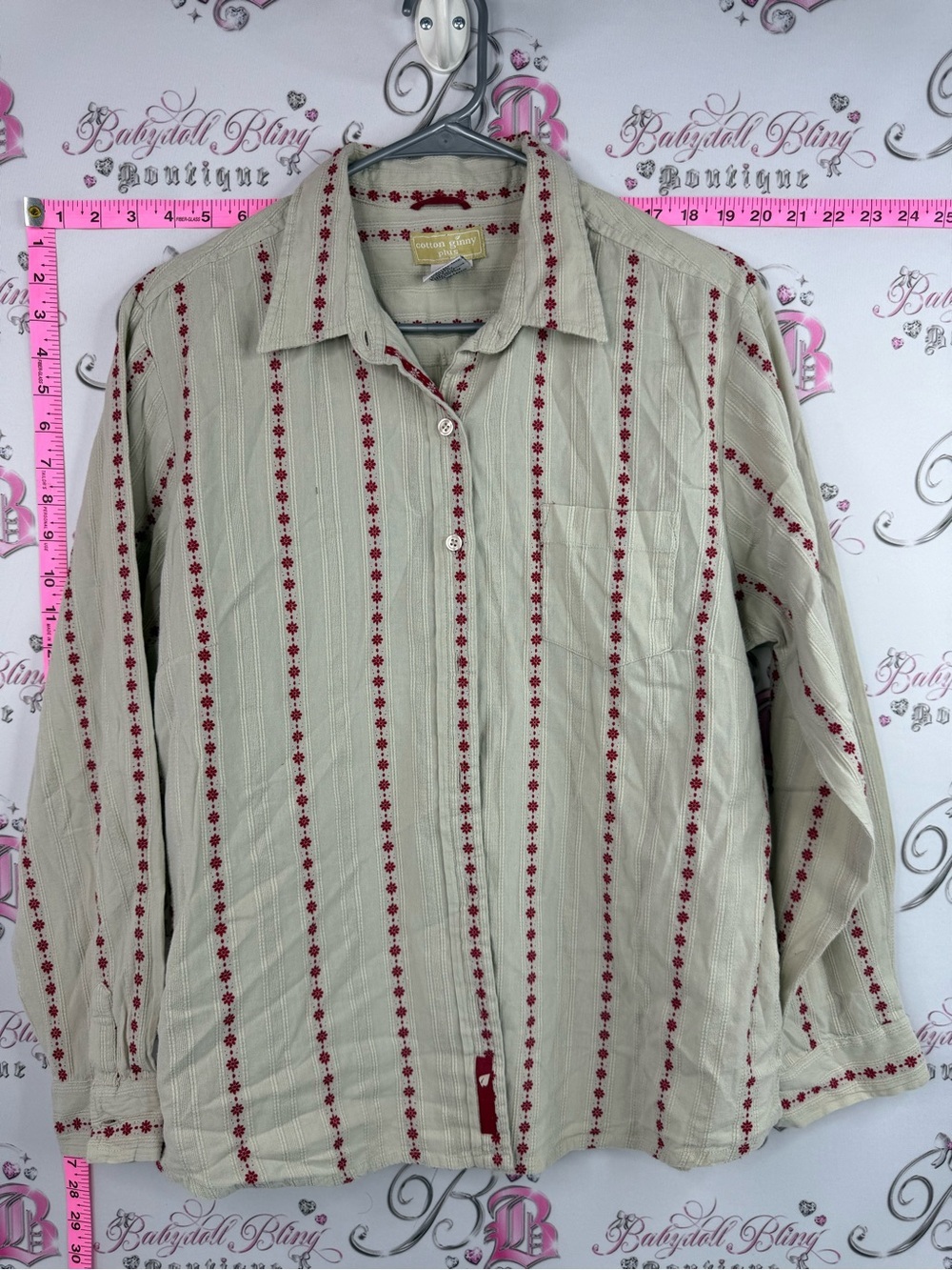 Cotton Ginny shirt Vintage Button-Up Shirt in Cream with Red Stripe Pattern